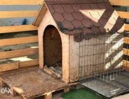 Dog house + cage + accessories