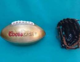 rugby ball+ baseball gloves