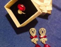 Gold ring and earrings with red stones Ø®Ø§Øª...