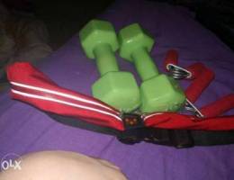 Dumbbells, finger strengthener, and belt