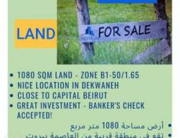 1080 Sqm Land for Sale in Dekwaneh, Zone B...