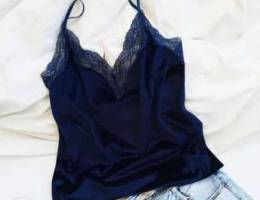 Navy lace trim velvet cami top