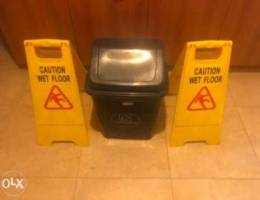 Garbage Bin and 2 Wet floor Signs