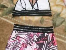 Tropical mesh trim shorts bikini swimsuit