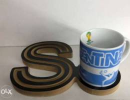 wooden letter plates/ coffee mugs